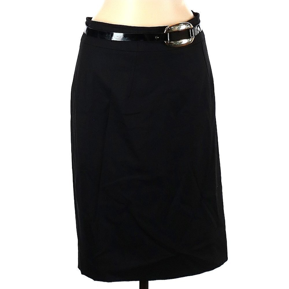Per Se By Carlisle Black Wool Belted Zipper Slit Pencil Skirt